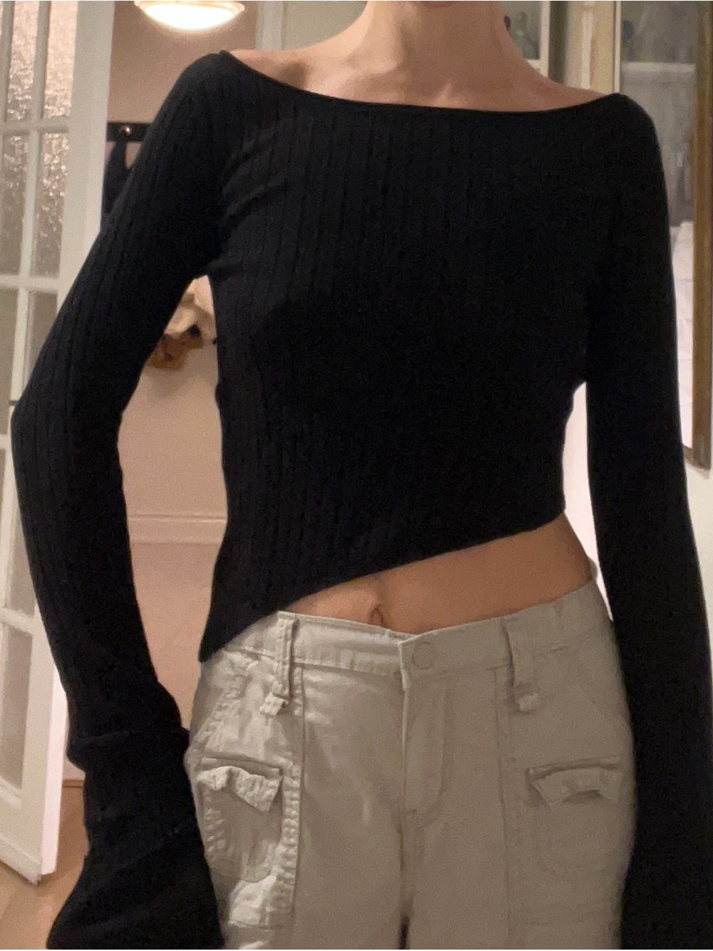 Black Ribbed Asymmetrical Crop Top - Women